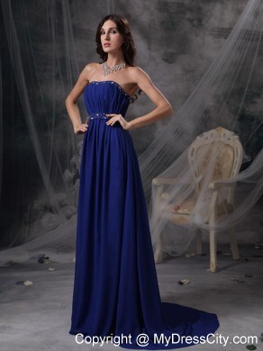 Royal Blue Empire Evening Dress with Beading and Ruching