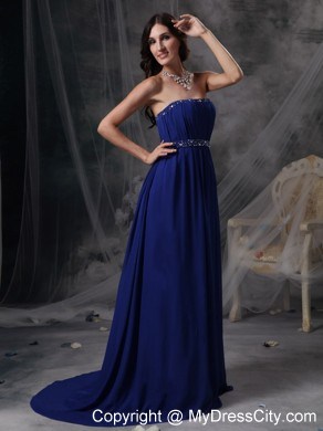 Royal Blue Empire Evening Dress with Beading and Ruching