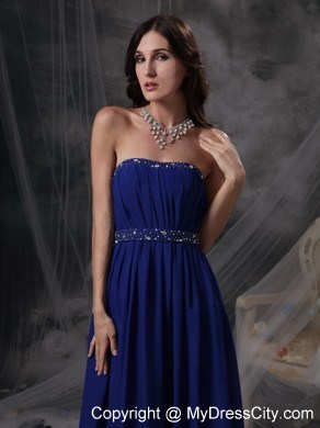 Royal Blue Empire Evening Dress with Beading and Ruching