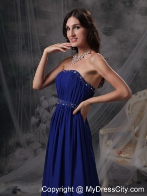 Royal Blue Empire Evening Dress with Beading and Ruching