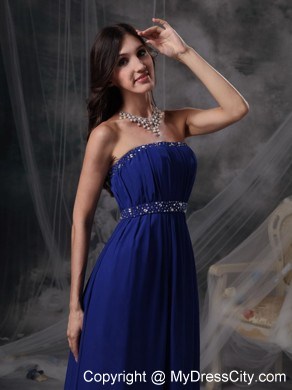 Royal Blue Empire Evening Dress with Beading and Ruching