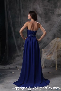 Royal Blue Empire Evening Dress with Beading and Ruching