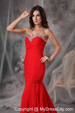 Elegant Red Trumpet Sweetheart Court Train Beaded Evening Dress