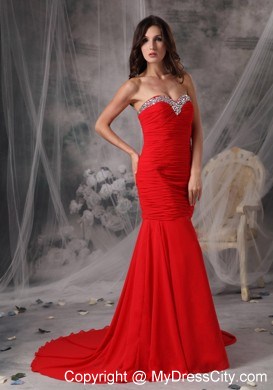 Elegant Red Trumpet Sweetheart Court Train Beaded Evening Dress