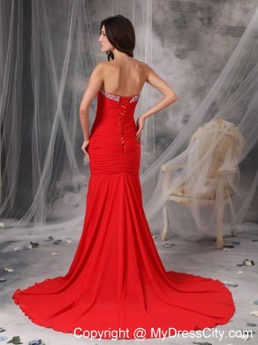 Elegant Red Trumpet Sweetheart Court Train Beaded Evening Dress