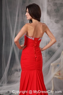 Elegant Red Trumpet Sweetheart Court Train Beaded Evening Dress