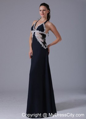 Halter Appliques Decorated Navy Blue Sheer Waist Evening Dress