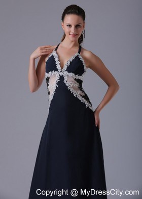 Halter Appliques Decorated Navy Blue Sheer Waist Evening Dress