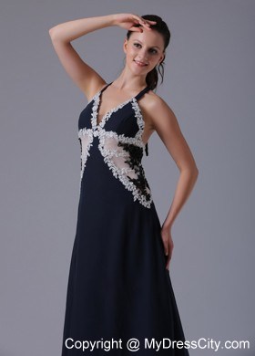 Halter Appliques Decorated Navy Blue Sheer Waist Evening Dress