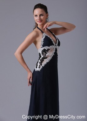 Halter Appliques Decorated Navy Blue Sheer Waist Evening Dress