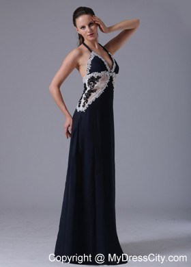 Halter Appliques Decorated Navy Blue Sheer Waist Evening Dress