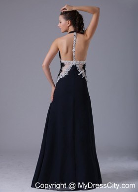 Halter Appliques Decorated Navy Blue Sheer Waist Evening Dress