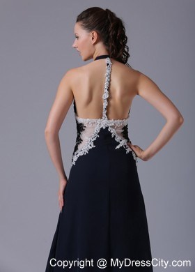 Halter Appliques Decorated Navy Blue Sheer Waist Evening Dress