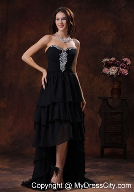 High-low Chiffon Beaded Sweetheart Black Evening Dress With Train