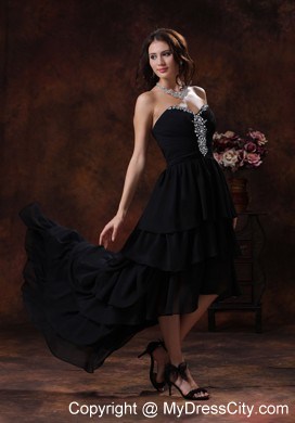 High-low Chiffon Beaded Sweetheart Black Evening Dress With Train