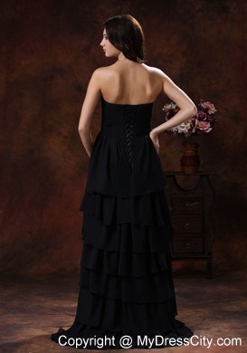 High-low Chiffon Beaded Sweetheart Black Evening Dress With Train