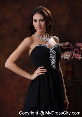 High-low Chiffon Beaded Sweetheart Black Evening Dress With Train