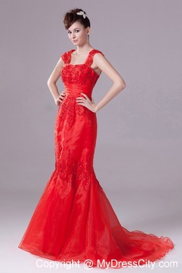 Mermaid Square Appliques Red Prom Evening Dress with Cap Sleeves