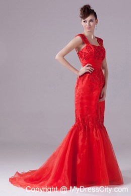 Mermaid Square Appliques Red Prom Evening Dress with Cap Sleeves