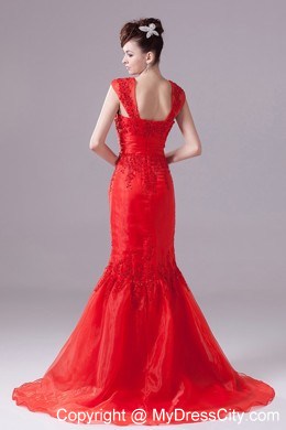 Mermaid Square Appliques Red Prom Evening Dress with Cap Sleeves