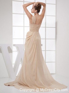 Asymmetrical Neck Brush Train Champagne Prom Evening Dress