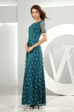 Short Sleeves Scoop Empire Formal Teal Lace Evening Dress 2013