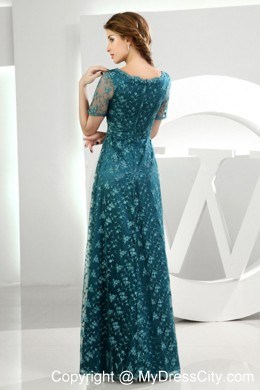 Short Sleeves Scoop Empire Formal Teal Lace Evening Dress 2013