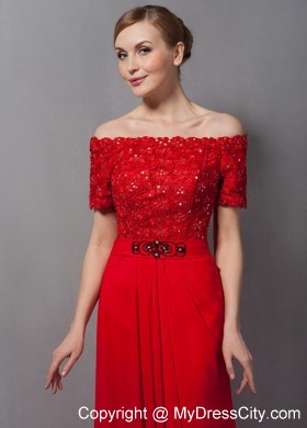 Lace Appliques Off Shoulder Red Evening Dress with Brush Train