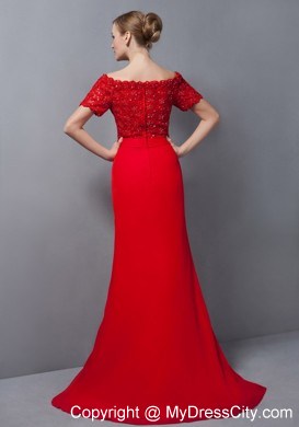 Lace Appliques Off Shoulder Red Evening Dress with Brush Train