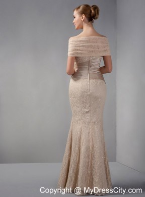 Unique Lace Off Shoulder Beading Mermaid Champagne Evening Dress