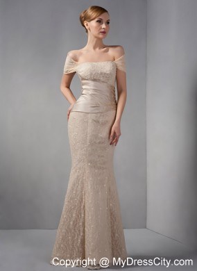 Unique Lace Off Shoulder Beading Mermaid Champagne Evening Dress