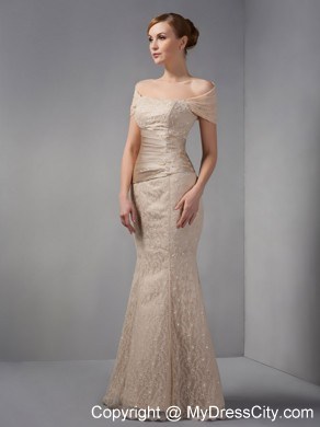 Unique Lace Off Shoulder Beading Mermaid Champagne Evening Dress