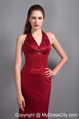 Wine Red Mermaid Halter Top Evening Dress with Beading 2013