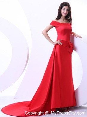 Court Train Off Shoulder 2013 Red Prom Evening Dress With Bowknot