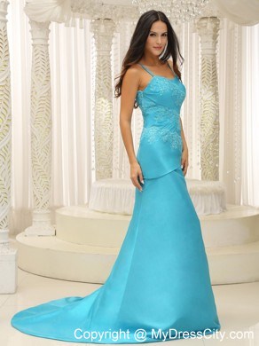 Appliques Spaghetti Straps Brush Train Aqua Blue Celebrity Evening Dress