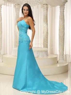 Appliques Spaghetti Straps Brush Train Aqua Blue Celebrity Evening Dress