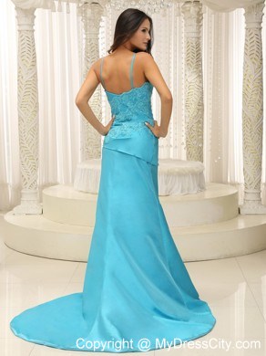 Appliques Spaghetti Straps Brush Train Aqua Blue Celebrity Evening Dress