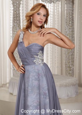 Grey One Shoulder Ruched and Appliques Prom Dress for Evening