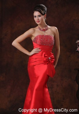 Red Mermaid Beaded Decorate Bust Prom Evening Dress With Bow