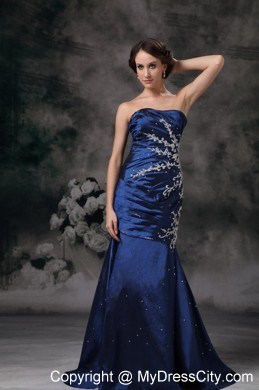 Taffeta Strapless Mermaid Ruched Royal Blue Evening Dress with Brush Train