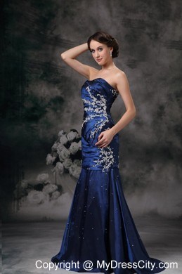 Taffeta Strapless Mermaid Ruched Royal Blue Evening Dress with Brush Train