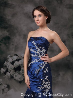 Taffeta Strapless Mermaid Ruched Royal Blue Evening Dress with Brush Train