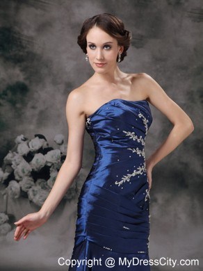 Taffeta Strapless Mermaid Ruched Royal Blue Evening Dress with Brush Train