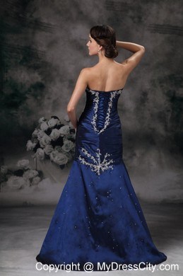 Taffeta Strapless Mermaid Ruched Royal Blue Evening Dress with Brush Train