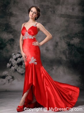 Mermaid Straps Criss Cross Back Red Evening Dress with Appliques