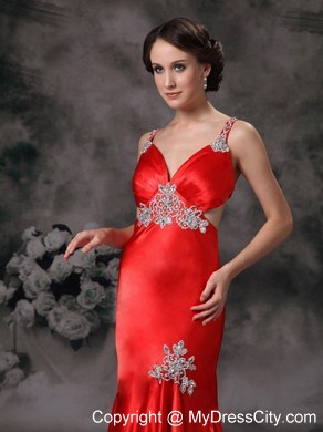 Mermaid Straps Criss Cross Back Red Evening Dress with Appliques