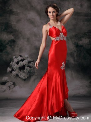 Mermaid Straps Criss Cross Back Red Evening Dress with Appliques