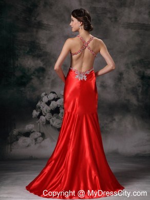 Mermaid Straps Criss Cross Back Red Evening Dress with Appliques