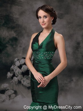 Taffeta Mermaid Halter Beaded Dark Green Evening Dress for 2013