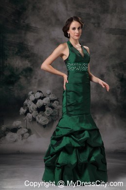 Taffeta Mermaid Halter Beaded Dark Green Evening Dress for 2013